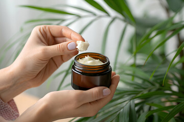 Shea butter in a dark amber jar held by hands, natural skincare concept