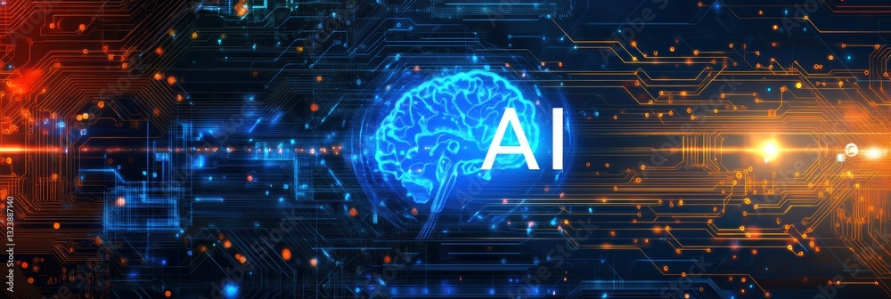 Poster exploration of artificial intelligence through digital graphics and technology visualization