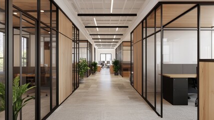 Obraz premium Modern office interior with glass walled cubicles and plants. Concept of workplace, architecture, and design.