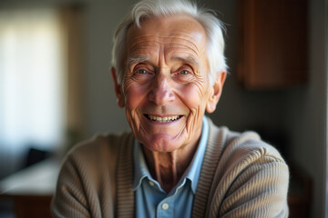 A cheerful senior with white hair and bright eyes smiling warmly in a cozy home
