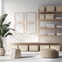 Serene Home Interior with Shelves, Potted Plant, and Wicker Poufs Under Square Wooden Frames