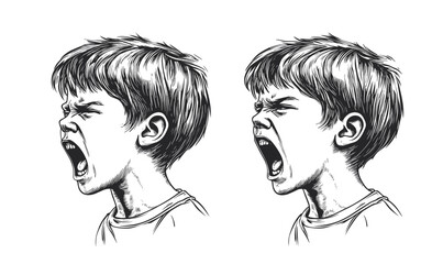 Angry child faces screaming side view linear icons set, vector, flat style.