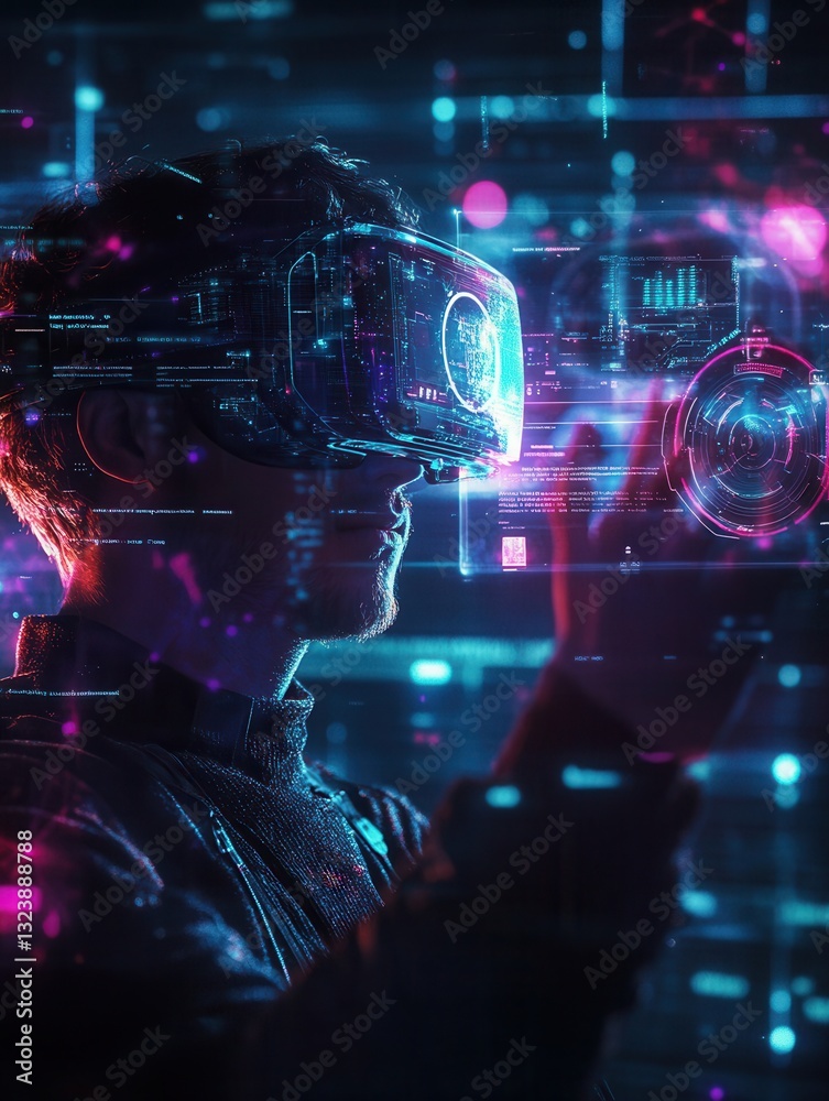 Poster futuristic mixed reality interaction with augmented reality user interface elements in a high-tech e