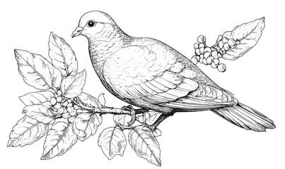 Fototapeta premium Mourning dove and leaves on branch in detailed line art, linear icons set, vector.