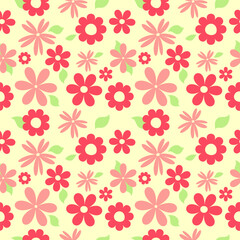 Seamless pattern with red and pink flowers and leaves in retro style. Flat colorful vector illustration