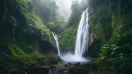 Serene Waterfall Cascading Through Lush Green Jungle Landscape