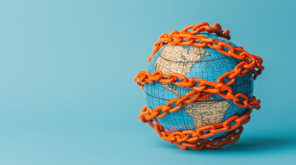 Naklejka premium A globe wrapped in chains symbolizing restrictions and global challenges.