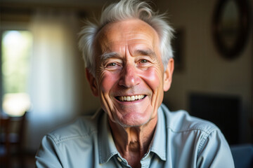 A cheerful senior with white hair and bright eyes smiling warmly in a cozy home