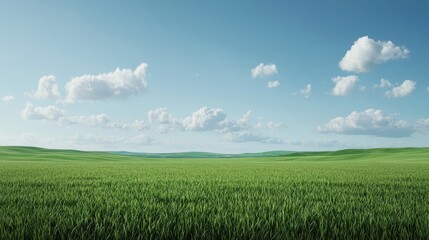 Obraz premium Green field under a blue sky with clouds. Serene landscape of nature, agriculture, and environment.