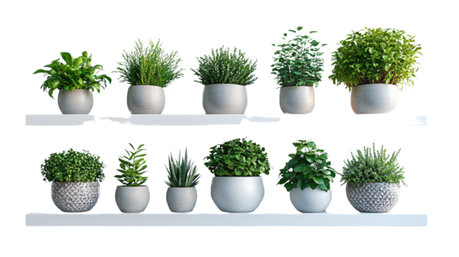 Thriving Potted Plants: A collection of vibrant potted plants, each showcasing unique textures and hues, are displayed on shelves, creating a refreshing indoor garden aesthetic.