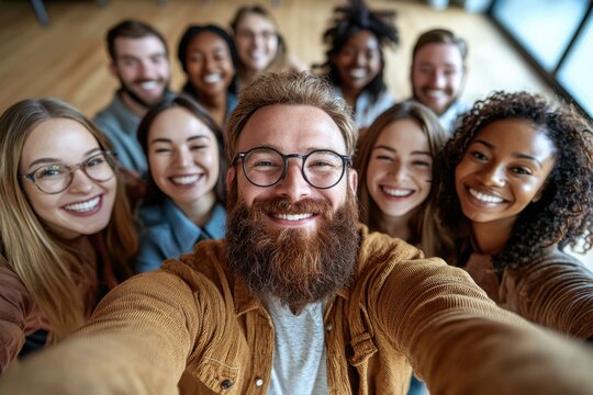fun scene of a diverse group of colleagues taking a humorous selfie during a virtual meeting, with genuine smiles and a softly blurred office backdrop