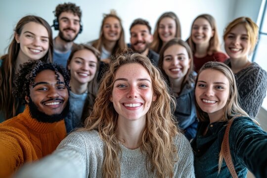 A fun scene of a diverse group of colleagues taking a humorous selfie during a virtual meeting, with genuine smiles and a softly blurred office backdrop