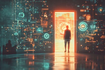 A person stands before a glowing portal surrounded by complex digital interfaces, symbolizing the intersection of humanity, technology, and the potential of future worlds.