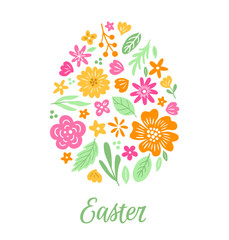 Easter colorful ornate floral egg composition. Greeting card design with flower and leaf pattern. EPS 10 vector illustration.