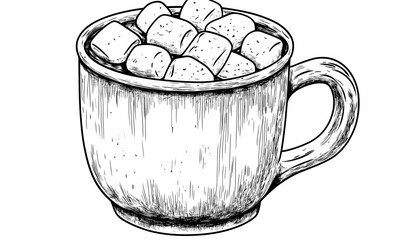 Hot cocoa with marshmallows in mug - linear icons set, vector.