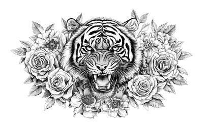 Fototapeta premium Fierce tiger with floral arrangement in linear style icons set, vector.
