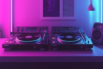 A DJ setup from the 1980s, two Technics turntables, a mixer, glowing buttons, and a vinyl record spinning