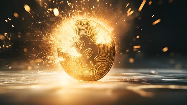 A digital coin splitting into two but immediately neutralized by a radiant burst of blockchain security, symbolizing fraud prevention