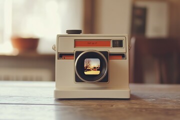 A Polaroid instant camera from the 1970s, a freshly developed photo slowly appearing, warm vintage tones