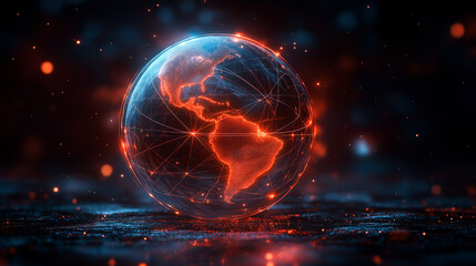 Abstract 3D globe with glowing connection lines, symbolizing global connectivity and digital networks.
