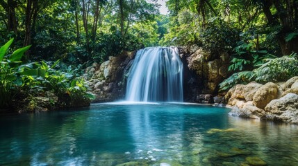 Fototapeta premium Serene Tropical Waterfall Surrounded by Lush Green Foliage