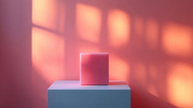 A soft, pink, rectangular object, bathed in the warm glow of natural light, sat gracefully on a pastel backdrop, its form softened by the soft light and the subtle variations of its surface.