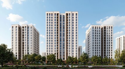 Fototapeta premium Modern apartment buildings with blue sky and green trees. Real estate and urban living concept.