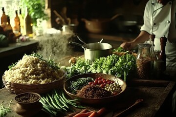 A rustic kitchen scene featuring a chef preparing a healthy salad with fresh ingredients on a wooden table, emphasizing the natural and organic food preparation process.