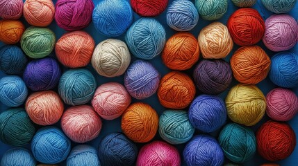 A vibrant tapestry of colorful yarn balls, each a miniature explosion of hues, stood sentinel against a deep, serene blue backdrop, ready to embark on a new adventure in the hands of a crafter.