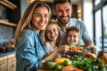 Obraz premium A joyful family portrait with mom, dad, daughter, and son, all smiling brightly while preparing a healthy salad in their modern kitchen, vibrant and full of love.