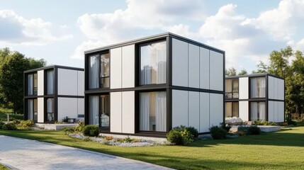 Fototapeta premium Modern modular homes with minimalist design and large windows, set in a green landscape. Sustainable and contemporary architecture.