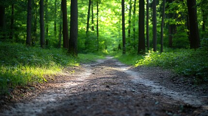 Fototapeta premium Two diverging forest paths: one overgrown, the other well-kept, symbolizing choices between tradition and progress. 