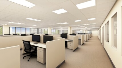 Modern office interior with cubicles and computer desks, bright lighting, and large windows