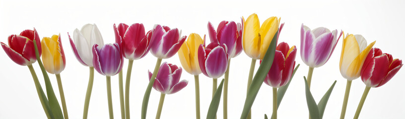 "Experience the elegance of spring.  
Vivid tulips gracefully arranged against a pure white background,  
highlighting the delicate beauty of seasonal blooms."