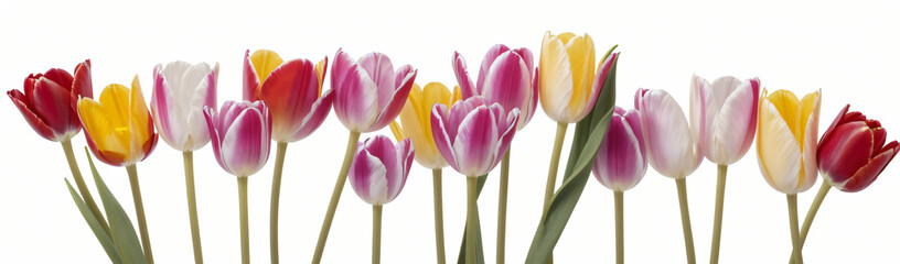 "Experience the elegance of spring.  
Vivid tulips gracefully arranged against a pure white background,  
highlighting the delicate beauty of seasonal blooms."