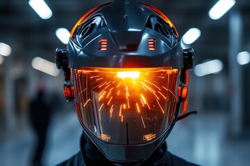 Fototapeta premium A welder's helmet reflecting bright orange sparks, dramatic industrial lighting