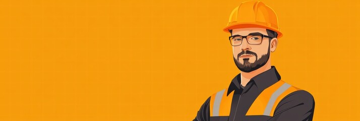 Professional construction worker portrait with safety gear on a bright background