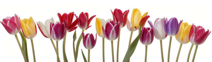 "Experience the elegance of spring.  
Vivid tulips gracefully arranged against a pure white background,  
highlighting the delicate beauty of seasonal blooms."