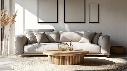 Serene Living Room Interior with a Plush Beige Sofa Natural Light and Minimalist Wall Decor Frames