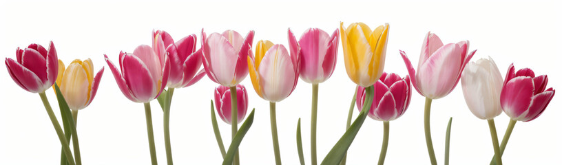 "Experience the elegance of spring.  
Vivid tulips gracefully arranged against a pure white background,  
highlighting the delicate beauty of seasonal blooms."