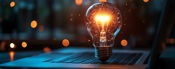 Glowing abstract lightbulb with business diagrams over a laptop, futuristic technology, digital ideas, hightech workspace, sleek design, innovation concept,