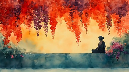 Serene Woman Meditating Under Vibrant Watercolor Flowers at Sunset
