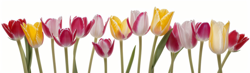 "Experience the elegance of spring.  
Vivid tulips gracefully arranged against a pure white background,  
highlighting the delicate beauty of seasonal blooms."