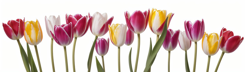 "Experience the elegance of spring.  
Vivid tulips gracefully arranged against a pure white background,  
highlighting the delicate beauty of seasonal blooms."