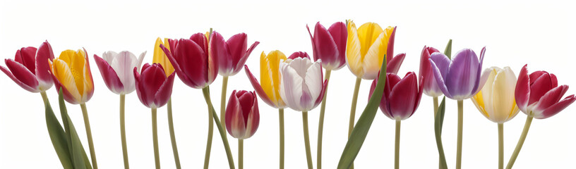 "Experience the elegance of spring.  
Vivid tulips gracefully arranged against a pure white background,  
highlighting the delicate beauty of seasonal blooms."