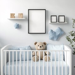 Serene Nursery Interior with Teddy Bear Frame Shelves and Soft Cushions for Baby Room Decor