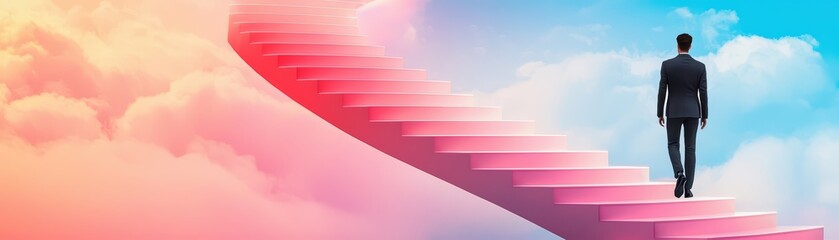 Surreal Concept of Dreams Coming to Life with a Businessman Ascending a Colorful Staircase