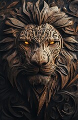Ornate lion sculpture, detailed carving, artistic design, close-up view, possible use for design inspiration or digital art