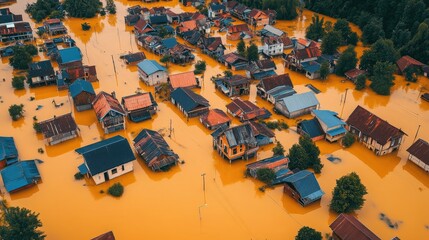Fototapeta premium Aerial view of flooded houses surrounded by rising water, highlighting environmental impact and community challenges in a natural disaster scenario.