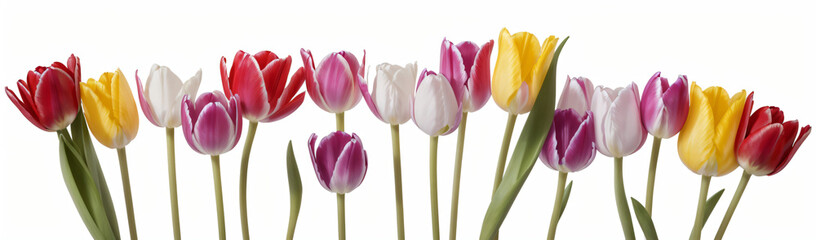 "Experience the elegance of spring.  
Vivid tulips gracefully arranged against a pure white background,  
highlighting the delicate beauty of seasonal blooms."